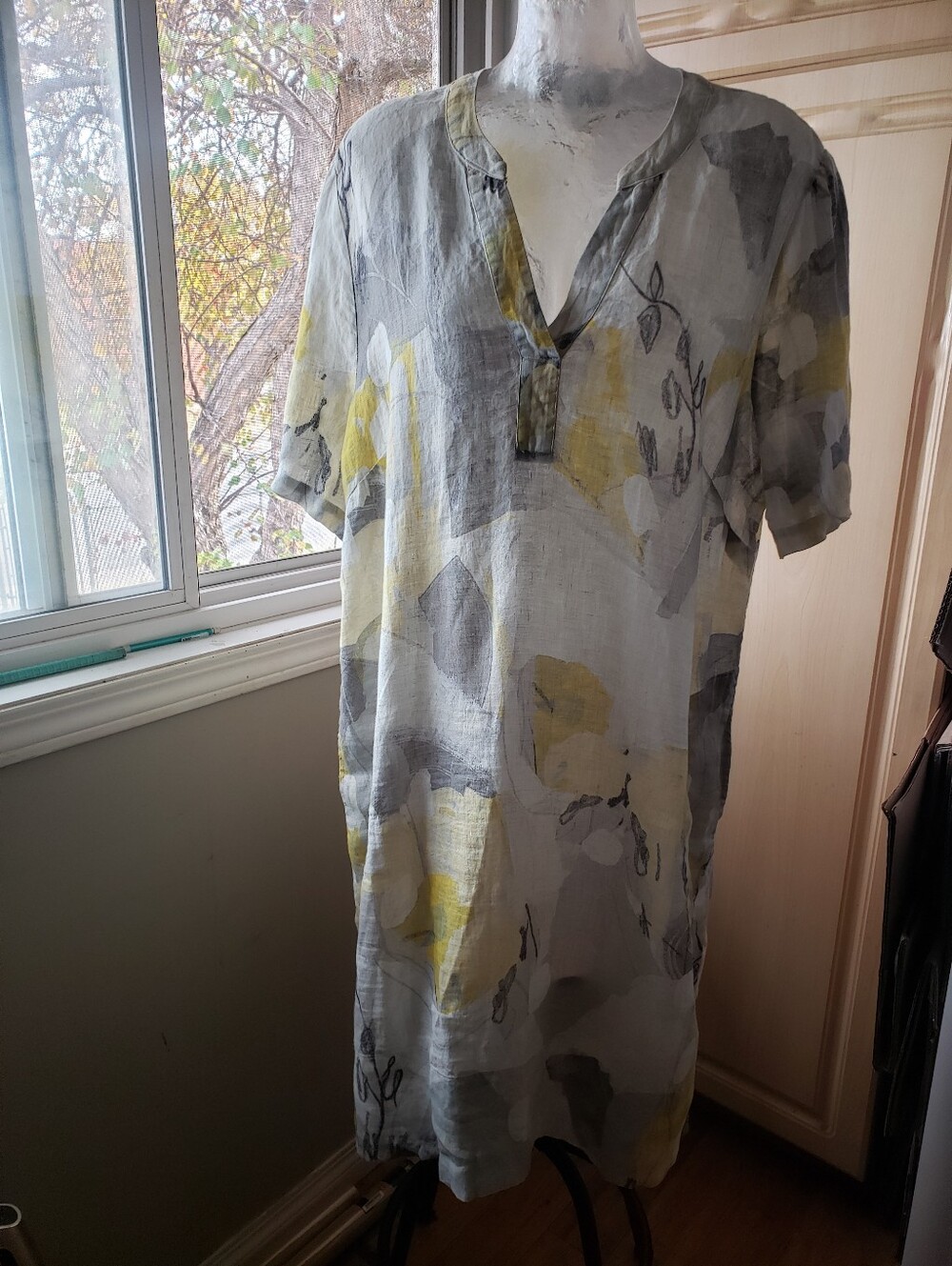Lightweight Gray & Yellow Floral Linen Dress Made In Turkey